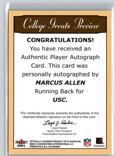 2001 Ultra #NNO Marcus Allen College Greats Previews Autographs S02