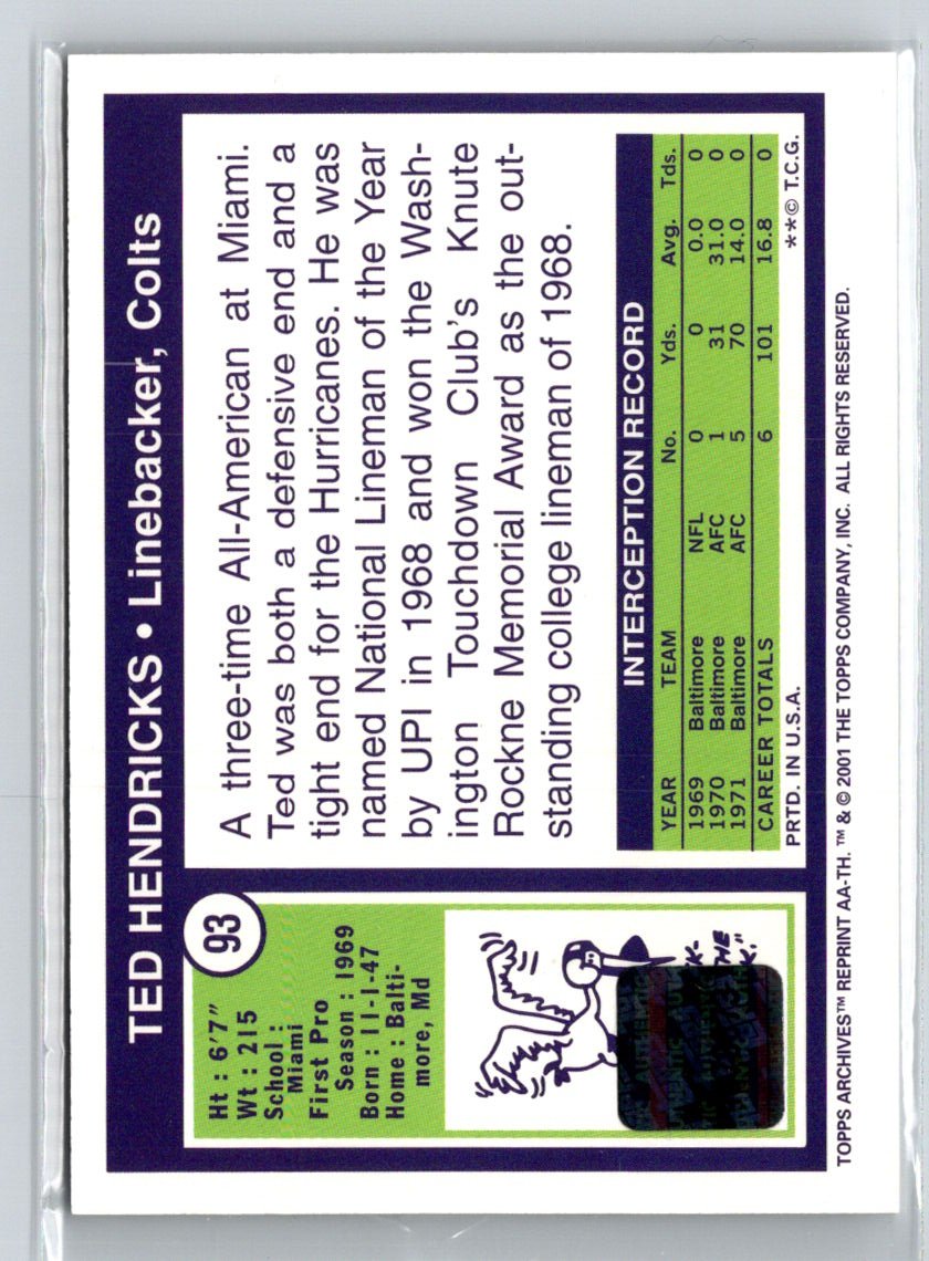 2001 Topps Archives #AA-TH Ted Hendricks Rookie Reprint Autographs S02