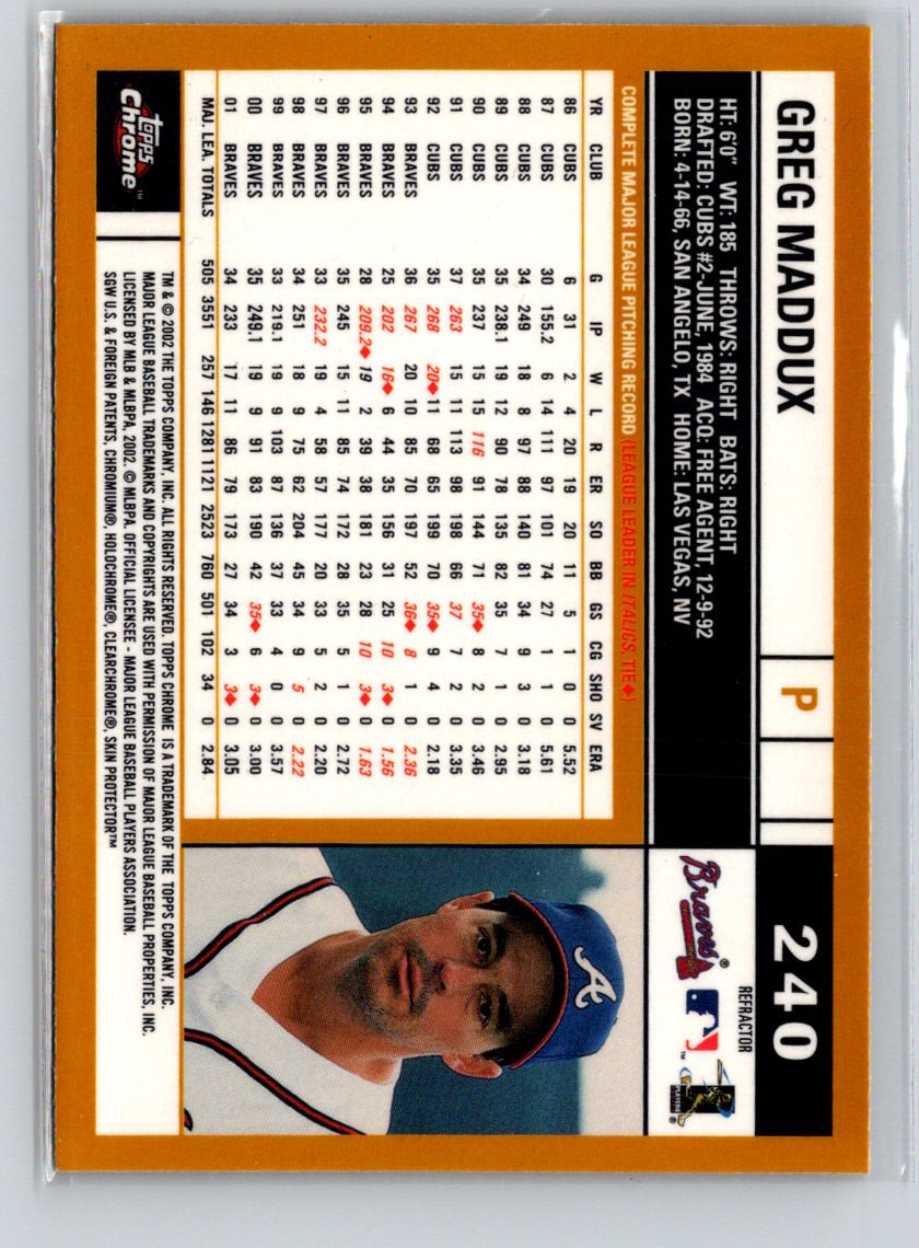 2002 Topps Chrome #240 Greg Maddux Gold Refractors S09