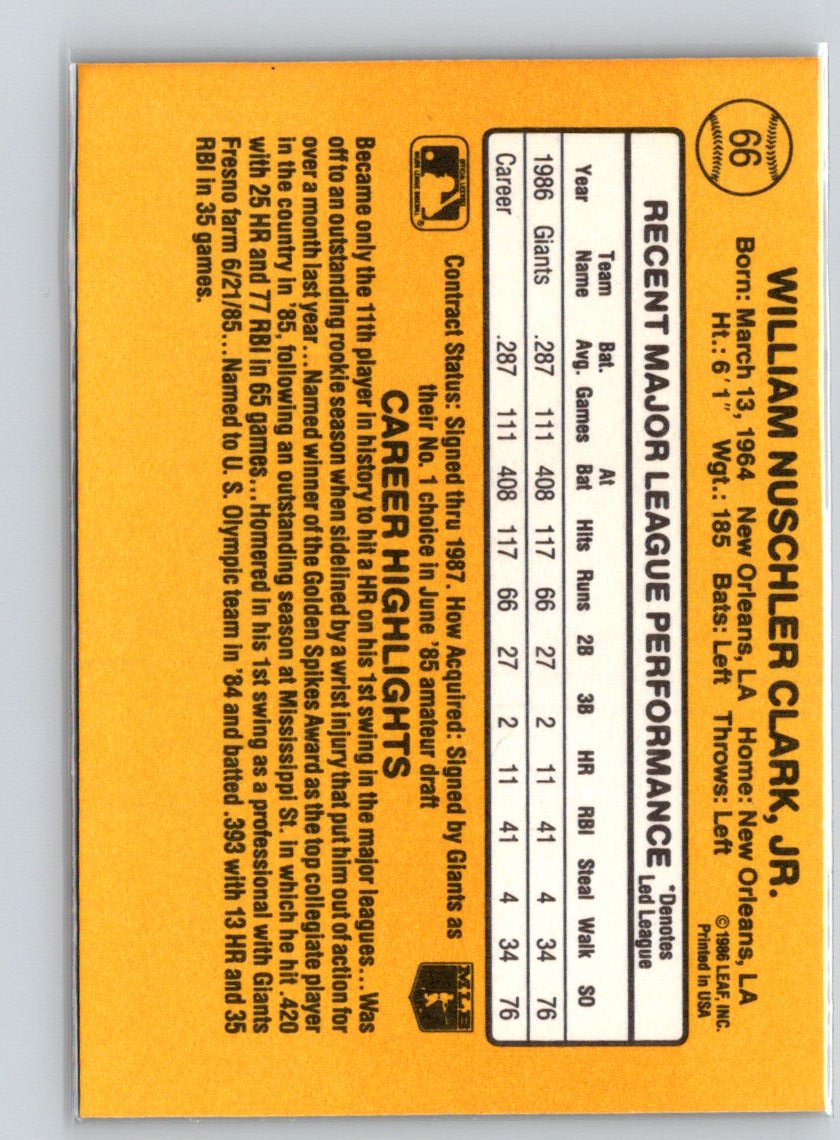 1987 Donruss #66 Will Clark S09