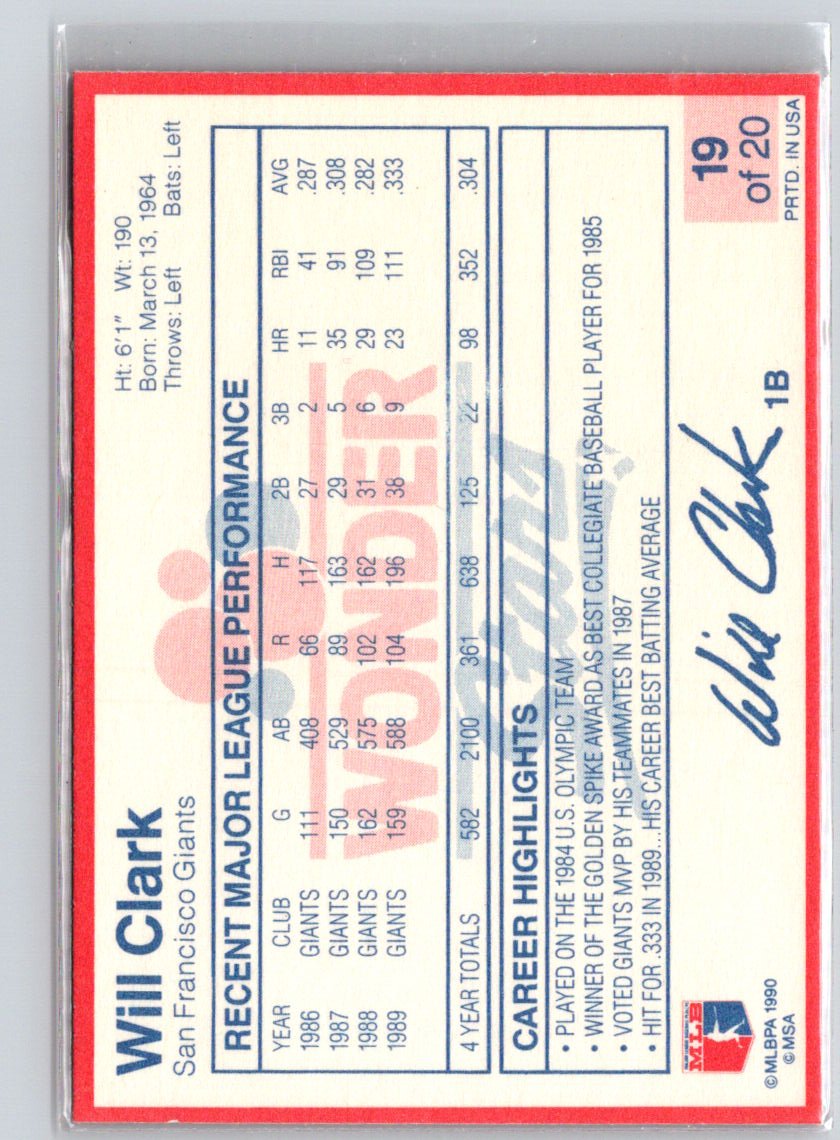 1990 Wonder Bread Stars #19 Will Clark S10