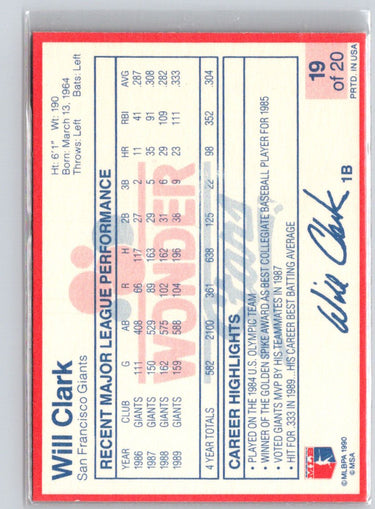 1990 Wonder Bread Stars #19 Will Clark S10