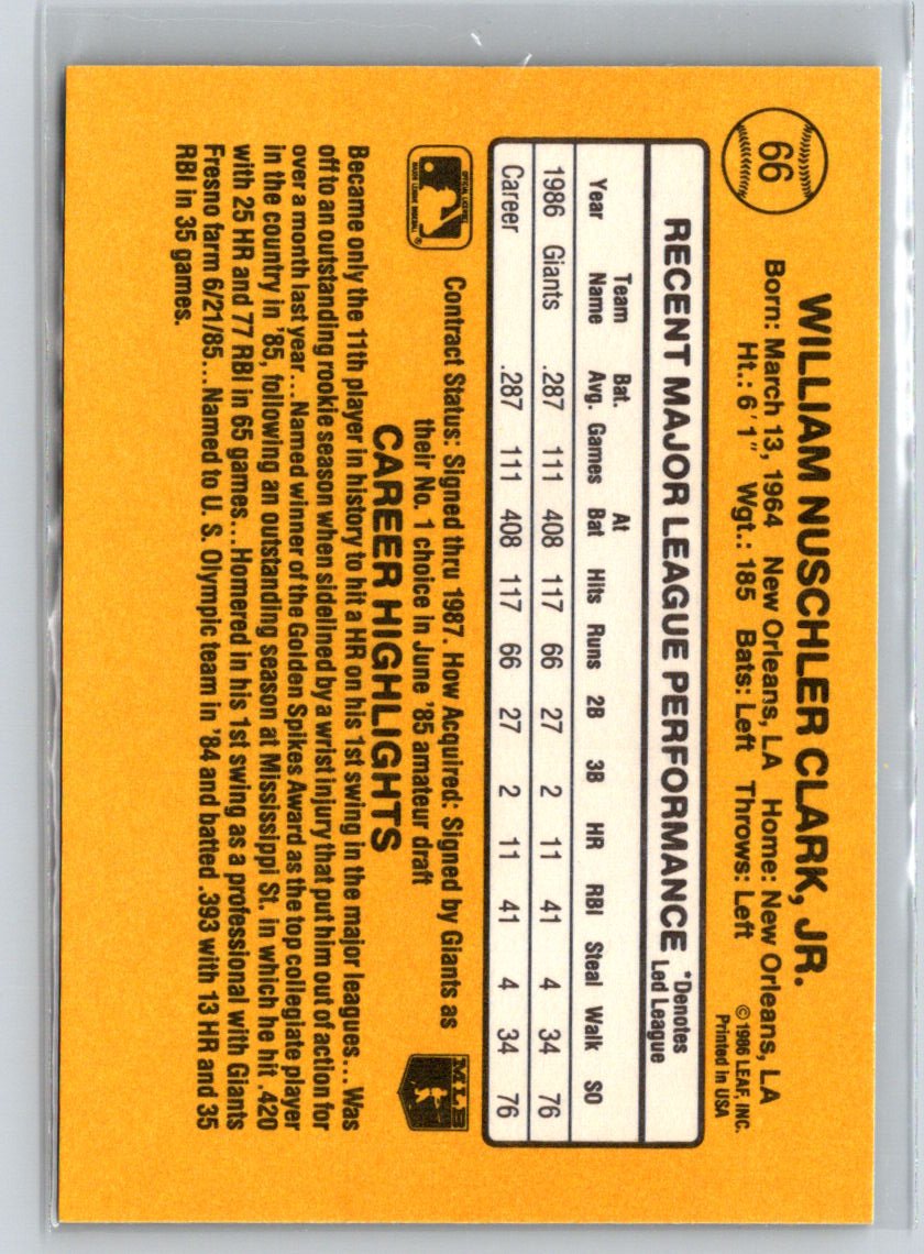 1987 Donruss #66 Will Clark S18