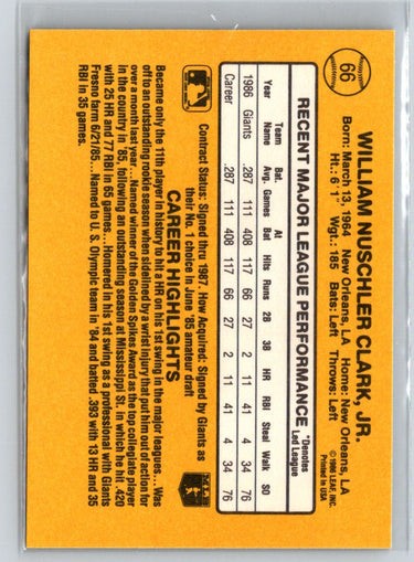 1987 Donruss #66 Will Clark S18