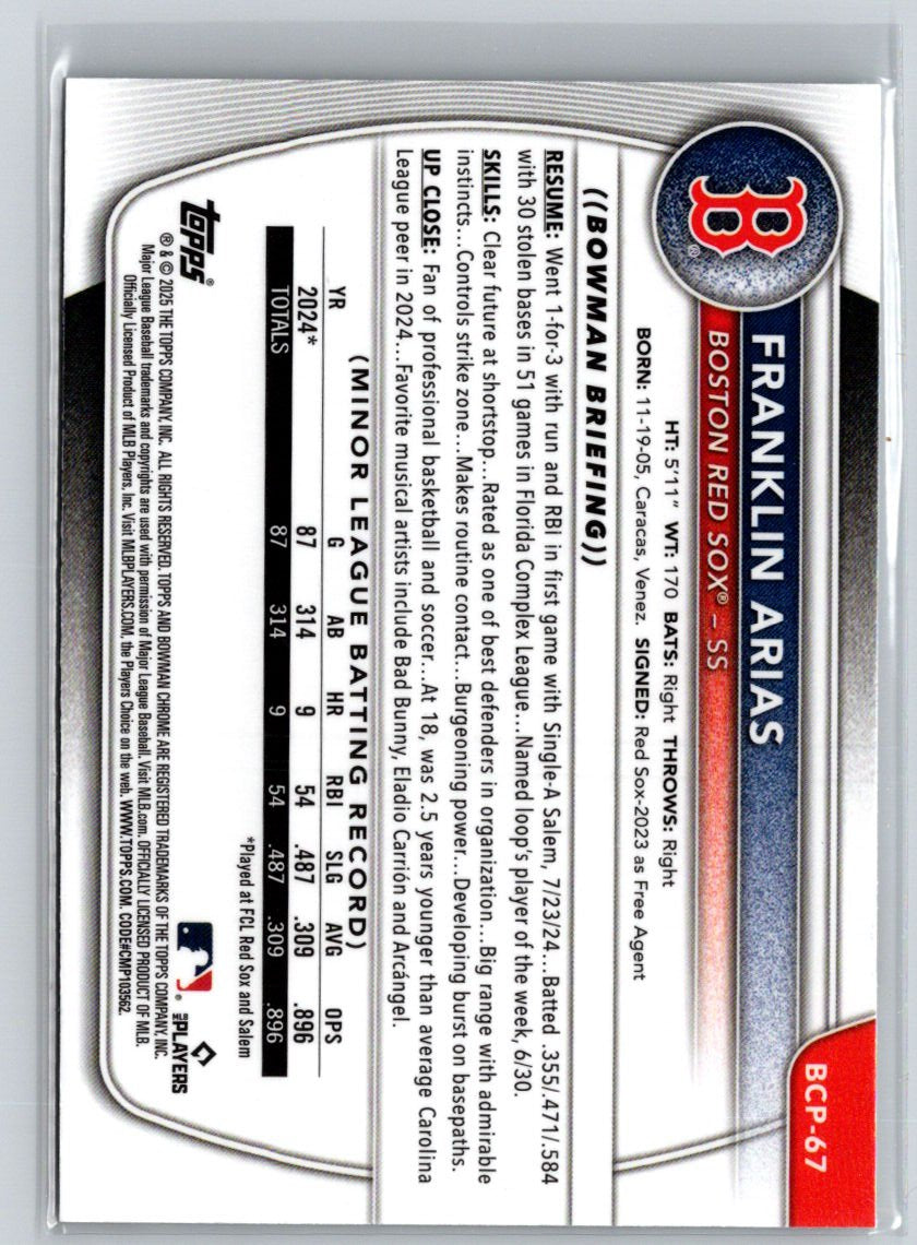 2025 Bowman #BCP-67 Franklin Arias Chrome Prospects Mojo Refractor P29