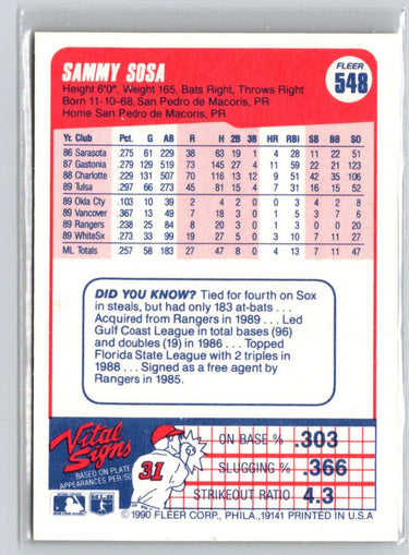 1990 Fleer #548 Sammy Sosa P36