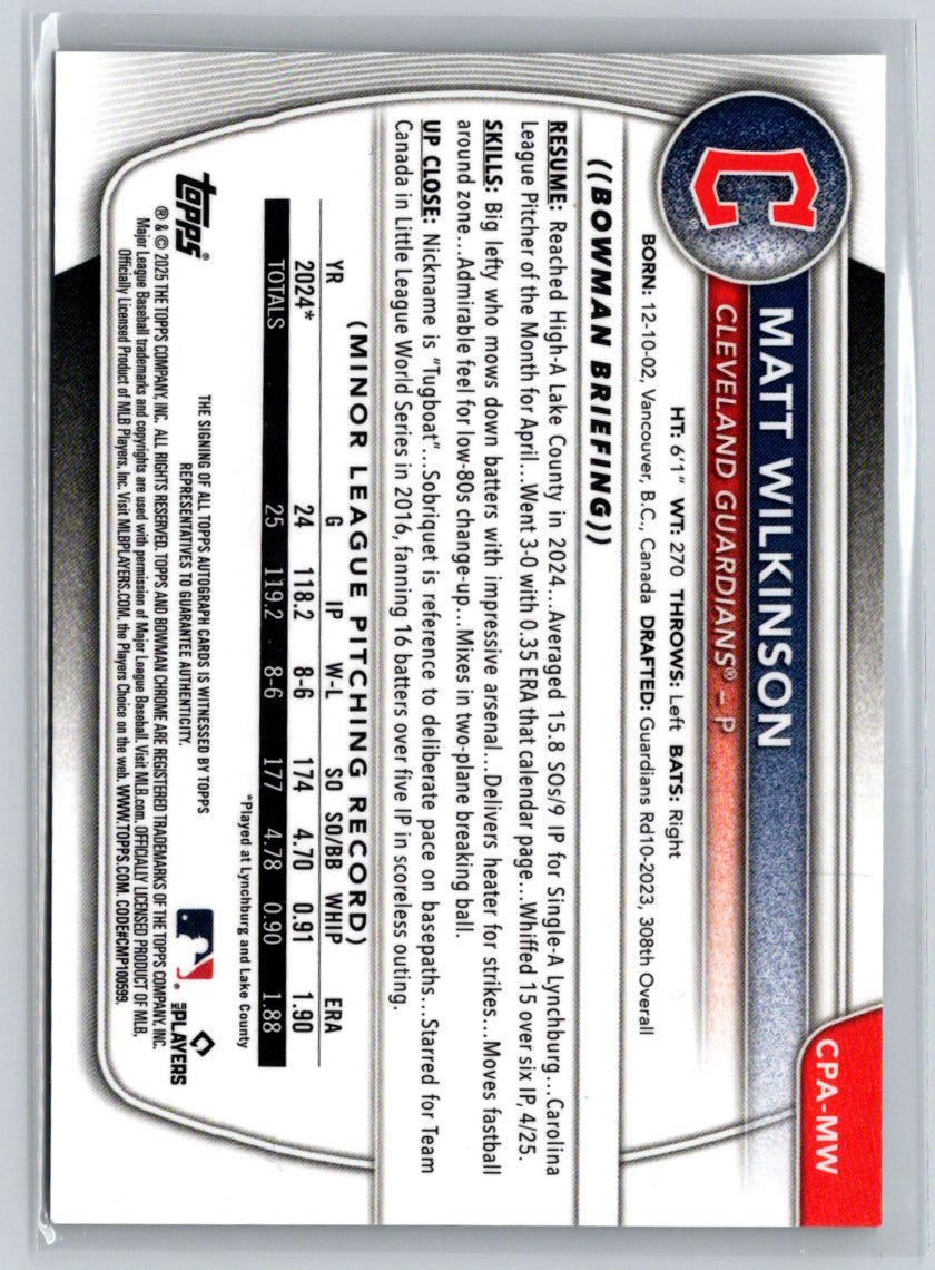 2025 Bowman #CPA-MW Matt Wilkinson Chrome Prospect Autographs P40