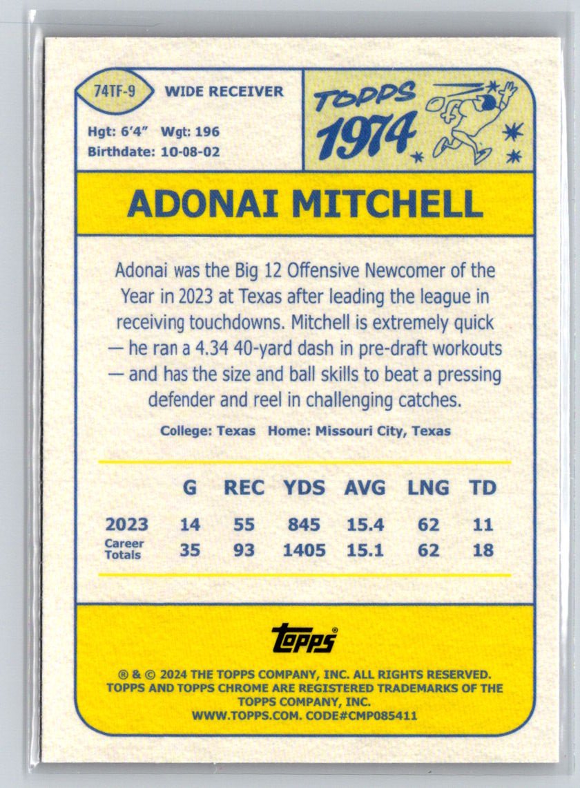 2024 Topps Chrome #74TF-9 Adonai Mitchell 1974 Topps Football Refractor P42