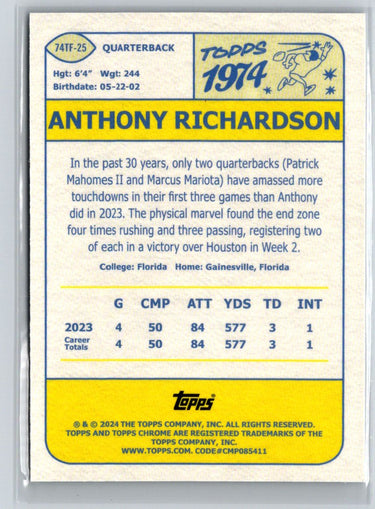2024 Topps Chrome #74TF-25 Anthony Richardson 1974 Topps Football P42
