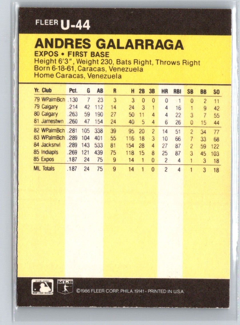 1986 Fleer Update #U-44 Andres Galarraga P44