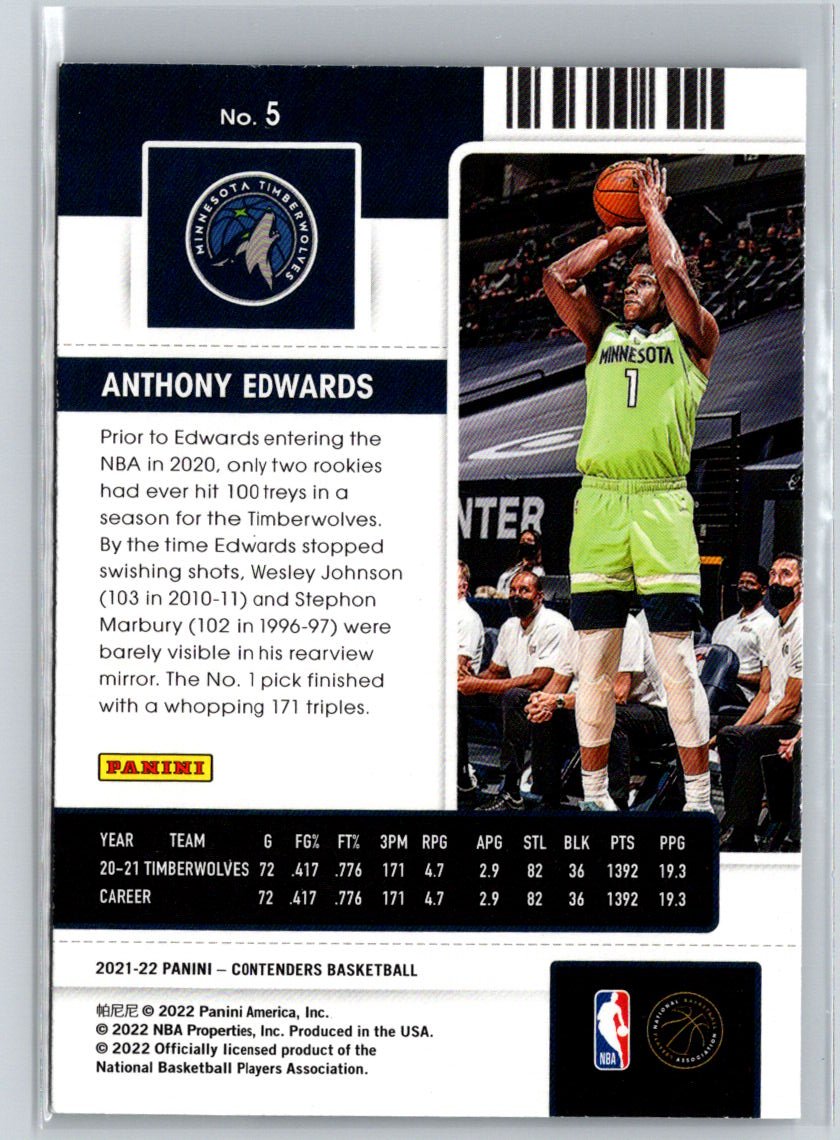 2021-22 Panini Contenders #5 Anthony Edwards Game Ticket Red P44