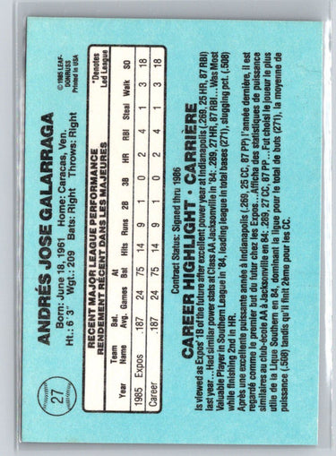 1986 Leaf #27 Andres Galarraga P45