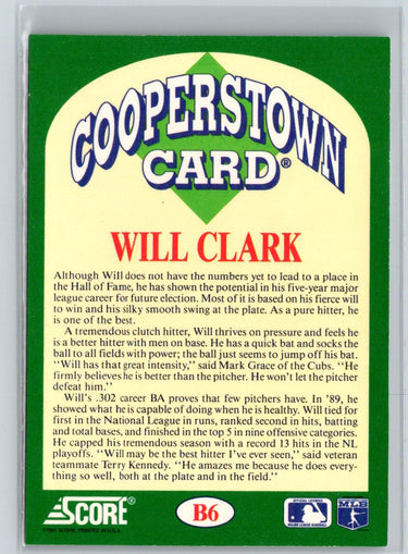 1991 Score #B6 Will Clark Cooperstown P49