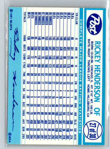 1991 Post Cereal #27 Rickey Henderson P52