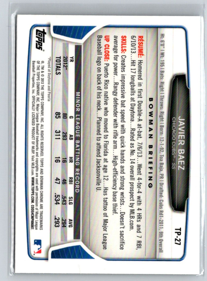 2013 Bowman Draft Picks & Prospects #TP-27 Javier Baez Chrome Top Prospects P53