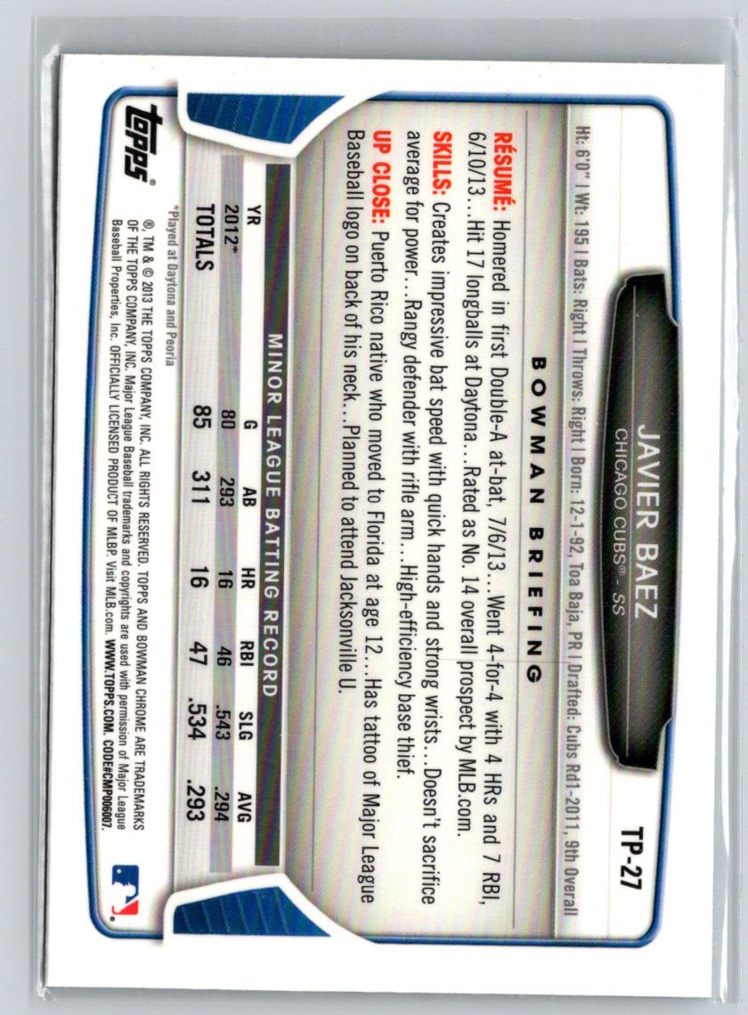 2013 Bowman Draft Picks & Prospects #TP-27 Javier Baez Chrome Top Prospects P54