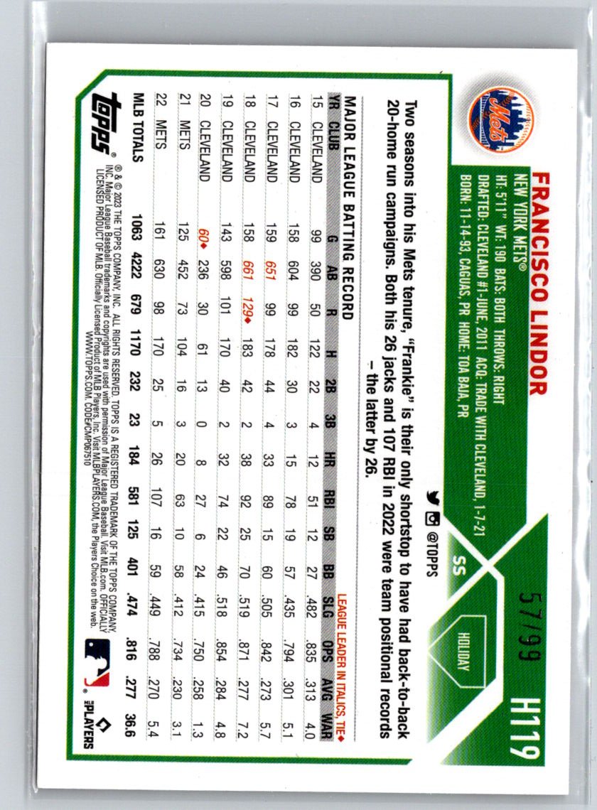 2023 Topps Holiday #H119 Francisco Lindor Metallic Red #/99 P56