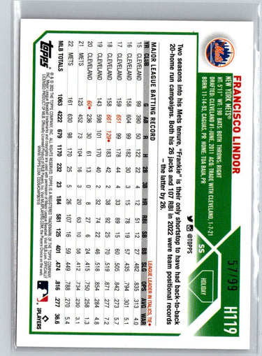 2023 Topps Holiday #H119 Francisco Lindor Metallic Red #/99 P56