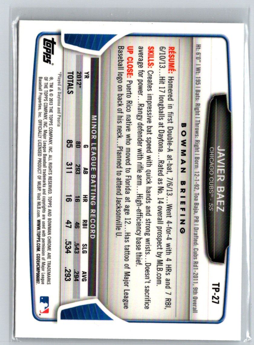 2013 Bowman Draft Picks & Prospects #TP-27 Javier Baez Chrome Top Prospects P58
