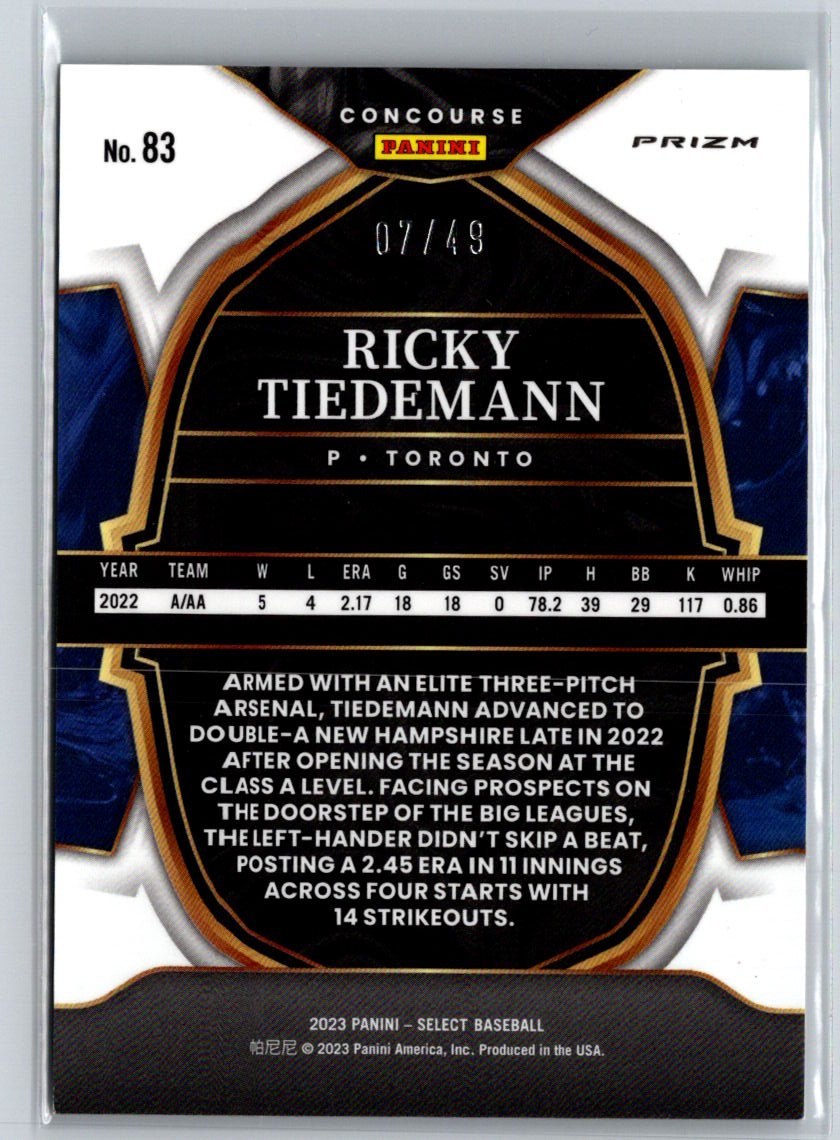 2023 Panini Select #83 Ricky Tiedemann Teal/White/Pink Prizm #/49 P58