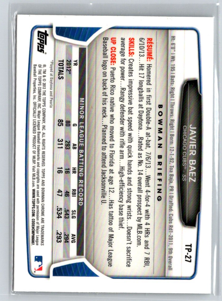 2013 Bowman Draft Picks & Prospects #TP-27 Javier Baez Chrome Top Prospects P59