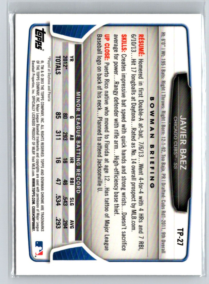 2013 Bowman Draft Picks & Prospects #TP-27 Javier Baez Chrome Top Prospects P60