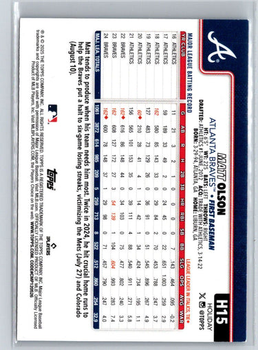 2025 Topps Holiday #H15 Matt Olson Light Blue & White Glitter Holiday P60