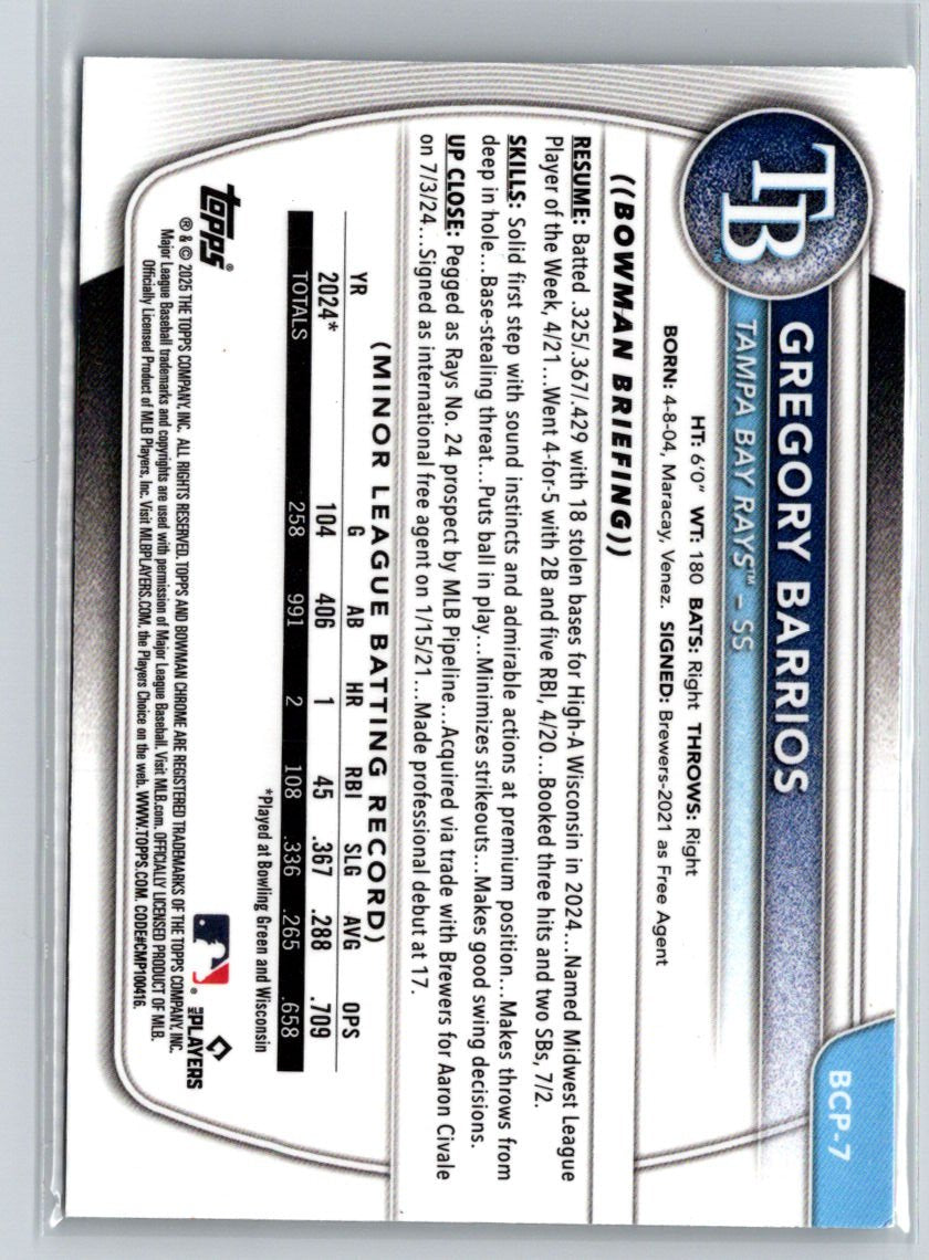 2025 Bowman #BCP-7 Gregory Barrios Chrome Prospects P60