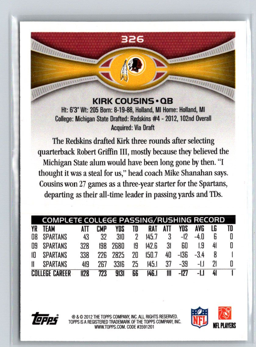 2012 Topps #326 Kirk Cousins P61
