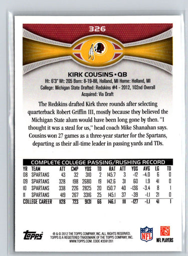 2012 Topps #326 Kirk Cousins P61