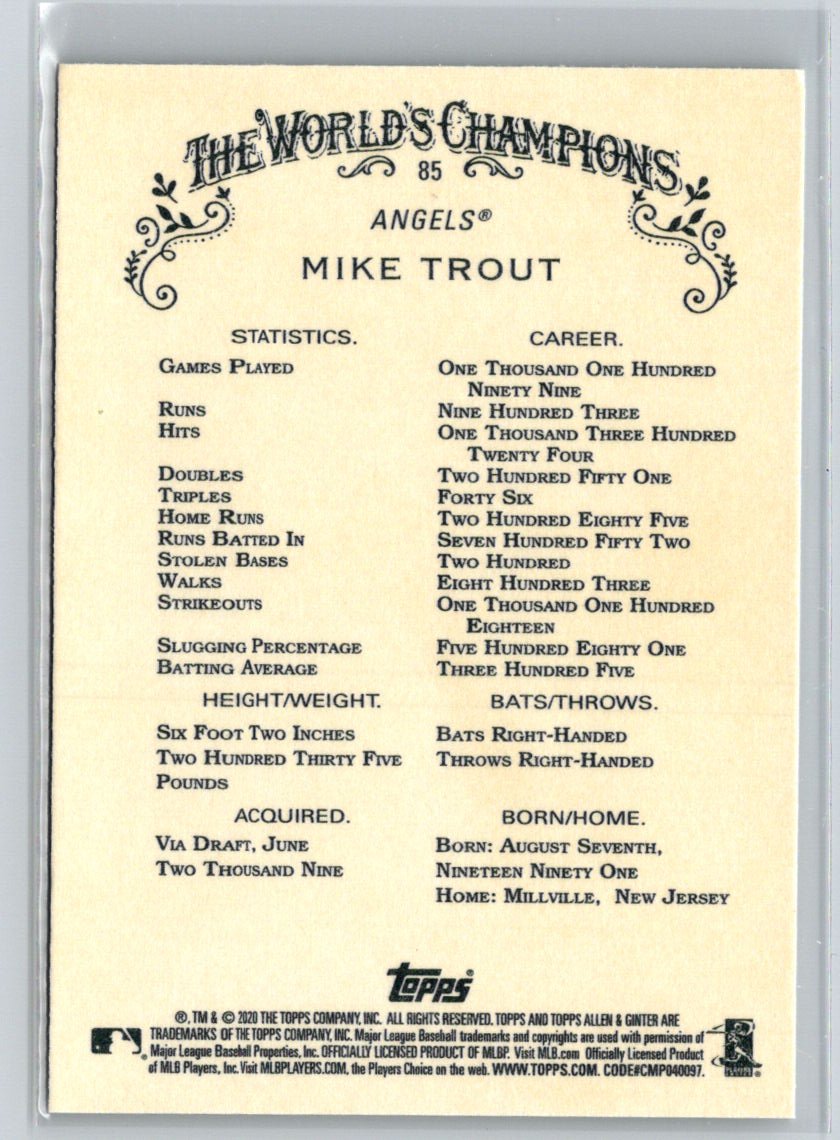 2020 Topps Allen & Ginter #85 Mike Trout P63