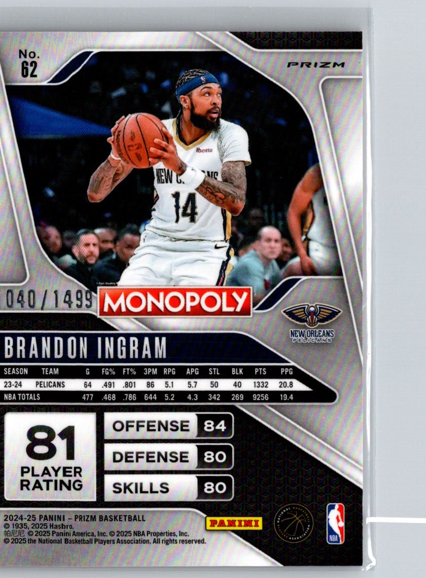 2024-25 Panini Prizm Monopoly #62 Brandon Ingram Millionaire Club #/1499 P69