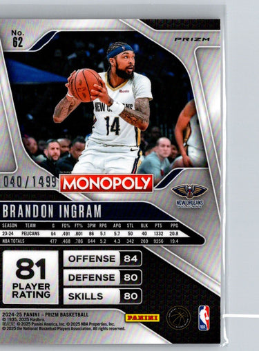 2024-25 Panini Prizm Monopoly #62 Brandon Ingram Millionaire Club #/1499 P69