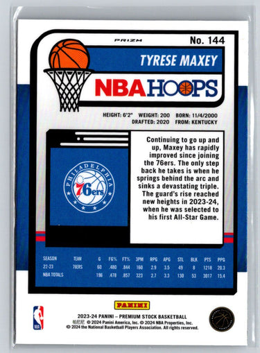 2023-24 Hoops Premium Stock #144 Tyrese Maxey Ice Prizm Q02