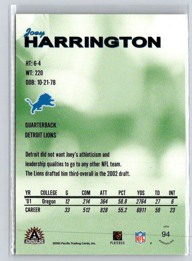 2002 Pacific Adrenaline #94 Joey Harrington Red Q23