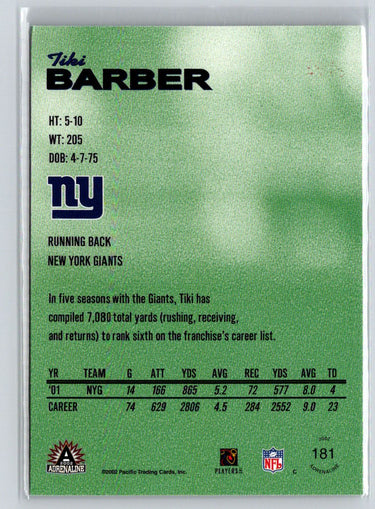 2002 Pacific Adrenaline #181 Tiki Barber Red Q24