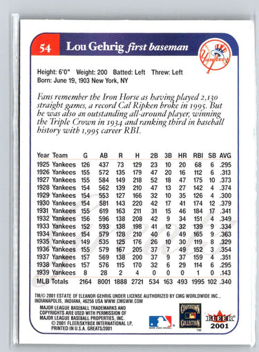 2001 Fleer Greats of the Game #54 Lou Gehrig Q26