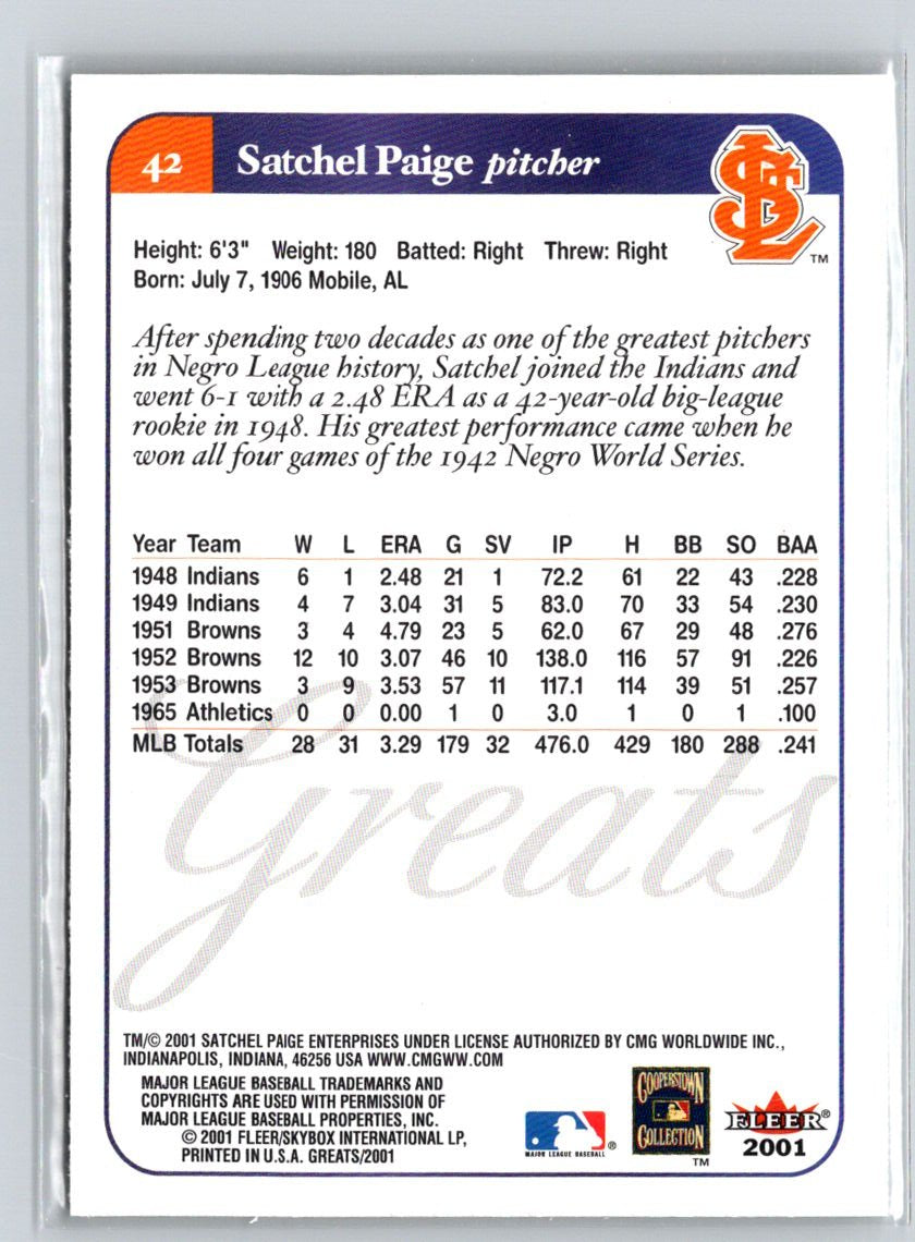 2001 Fleer Greats of the Game #42 Satchel Paige Q26