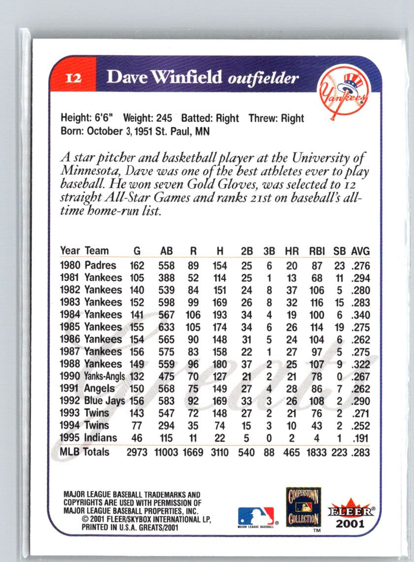 2001 Fleer Greats of the Game #12 Dave Winfield Q27