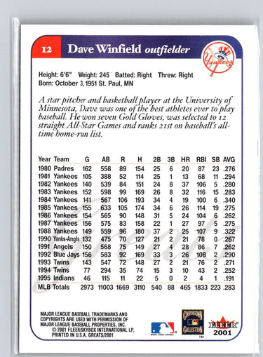 2001 Fleer Greats of the Game #12 Dave Winfield Q27
