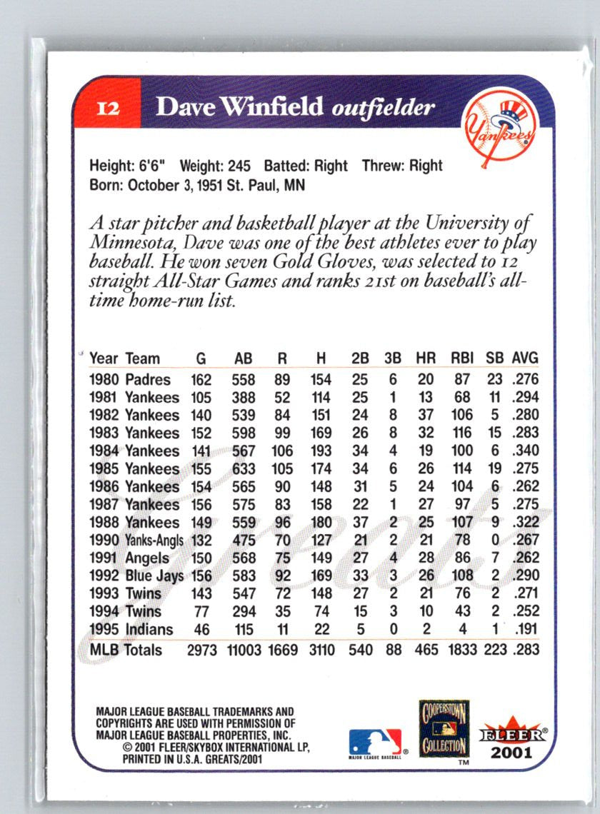 2001 Fleer Greats of the Game #12 Dave Winfield Q27