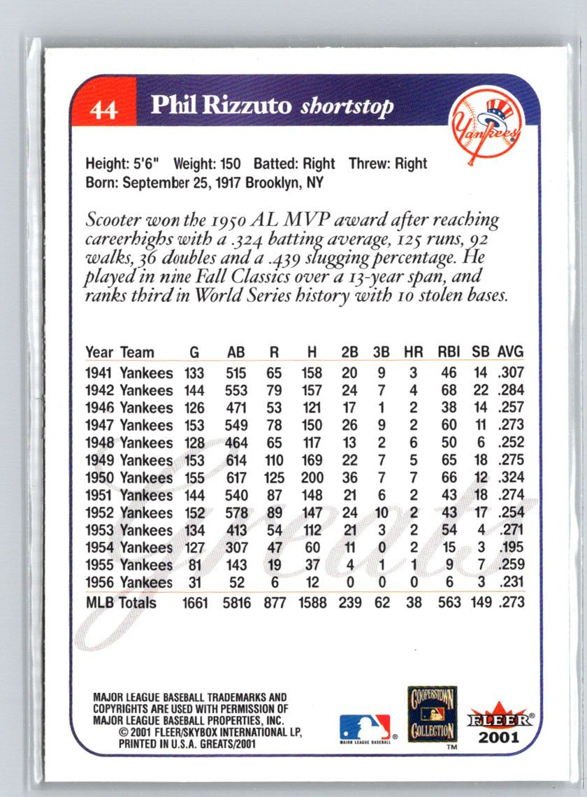 2001 Fleer Greats of the Game #44 Phil Rizzuto Q27