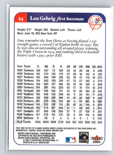 2001 Fleer Greats of the Game #54 Lou Gehrig Q28