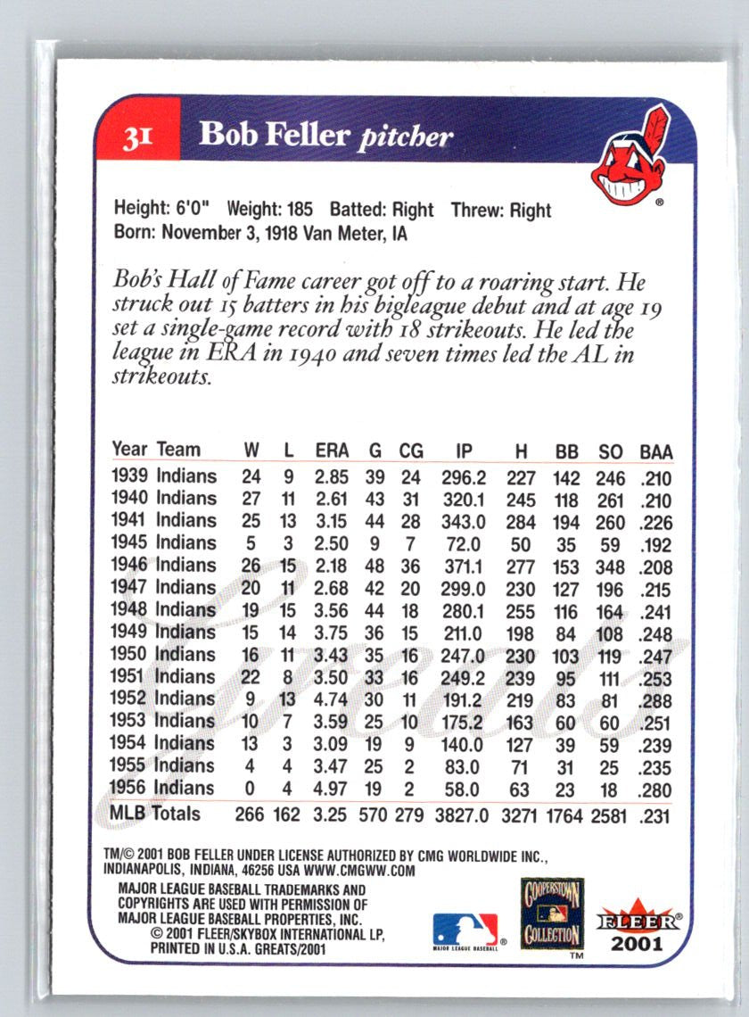2001 Fleer Greats of the Game #31 Bob Feller Q28