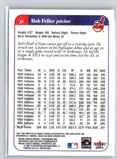 2001 Fleer Greats of the Game #31 Bob Feller Q28