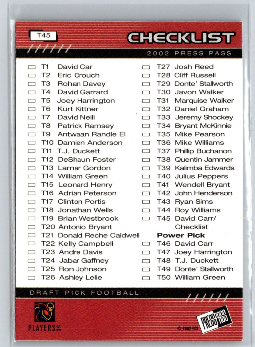 2002 Press Pass #T45 David Carr Q28