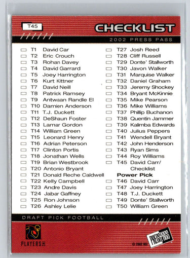 2002 Press Pass #T45 David Carr Q28