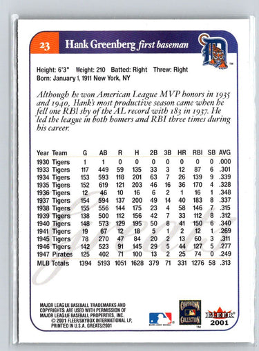 2001 Fleer Greats of the Game #23 Hank Greenberg Q29