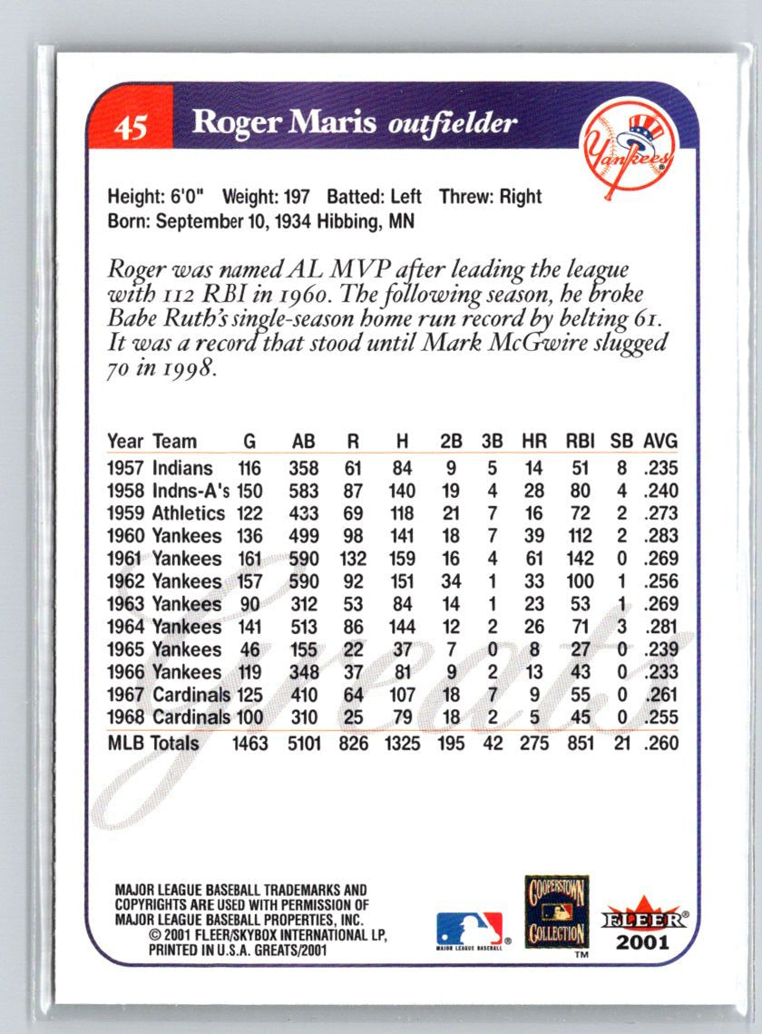 2001 Fleer Greats of the Game #45 Roger Maris Q29