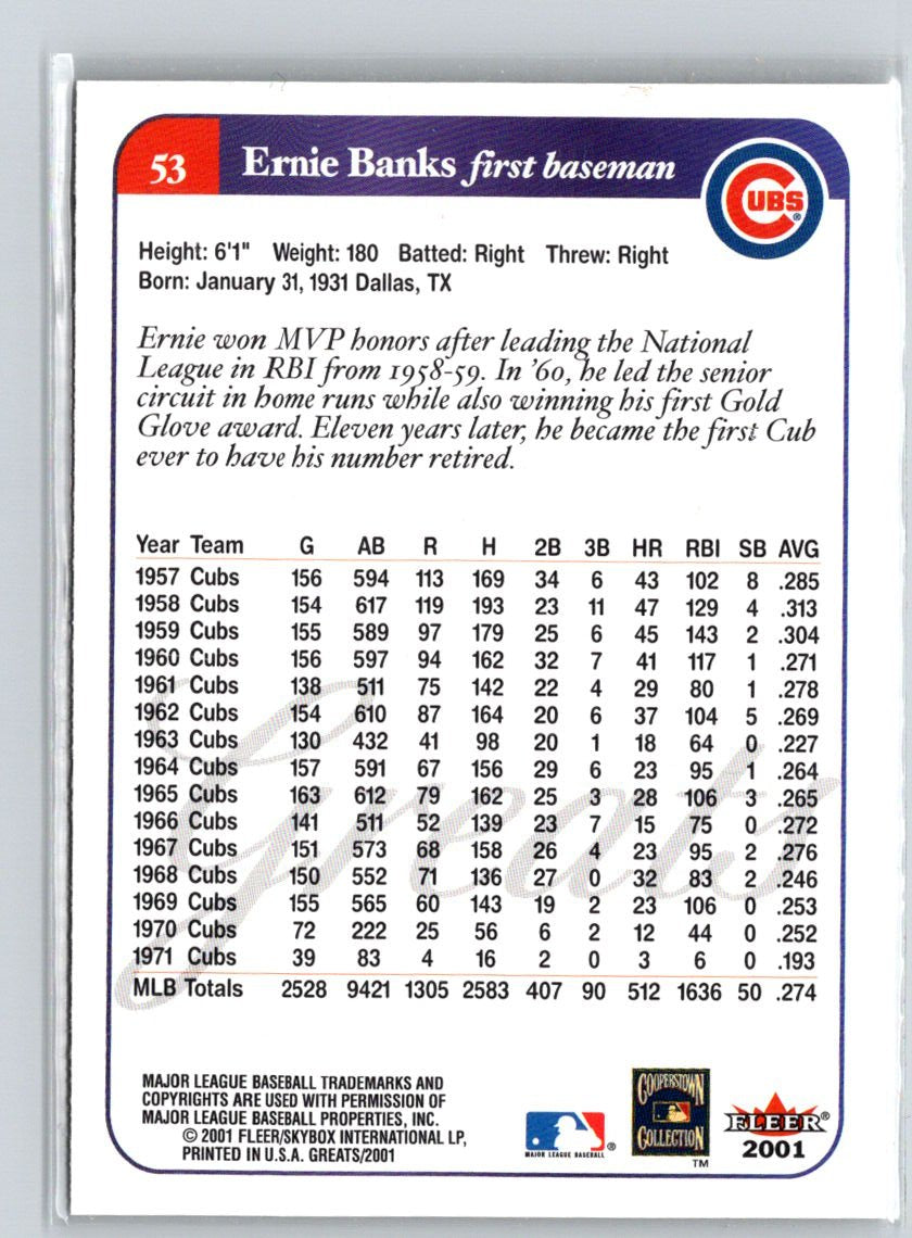 2001 Fleer Greats of the Game #53 Ernie Banks Q29